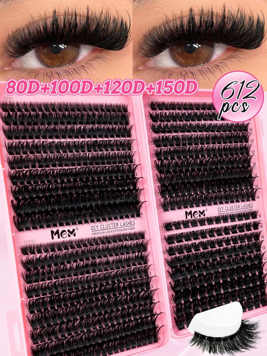 MEM 612/640/570/300pcs Bulu Mata Palsu Cluster D Curl, 30D-150D Bulu Mata Palsu Segmen Halus Padat Alami yang Dapat Digunakan Kembali, Kit Ekstensi Bulu Mata DIY dengan Alat Rias dan 2 Kuas, Cocok untuk Pemula, Penggunaan Sehari-hari di Rumah dan Luar Ruangan