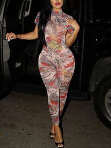 DOUCIU Mesh Print See Through Short Sleeve O-Neck Backless Sexy Slim Jumpsuit Night Club Event - Red - View 3