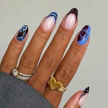 Exquisite And Fashionable Wearing Nail 24 Pieces Ocean Series Almond Nail Art Piece Pearl Wearing Nail Fake Nail - 藍色 - 查看 1