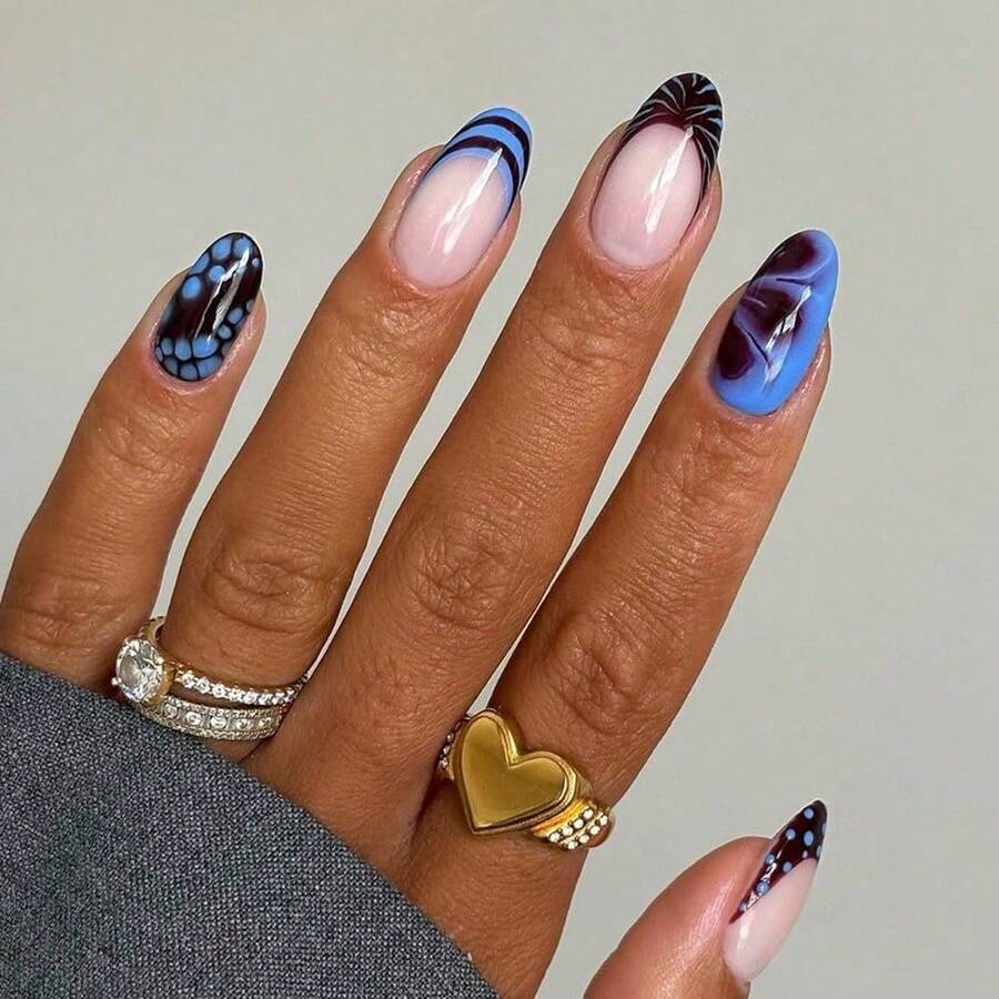 Exquisite And Fashionable Wearing Nail 24 Pieces Ocean Series Almond Nail Art Piece Pearl Wearing Nail Fake Nail - 藍色 - 查看 1