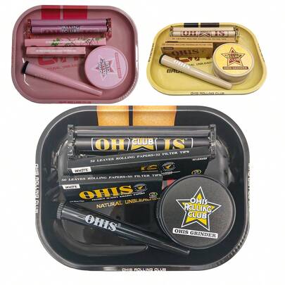 Set de 6 accesorios para fumar, incluye bandeja de 18cm*14cm, molinillo de doble capa, papel de liar de doble capa de 110mm y 78mm, máquina de liar de doble capa de 110mm, tubo de almacenamiento, disponible en combinaciones de colores negro, rosa y marrón, un práctico set de regalo para fiestas, cumpleaños, San Valentín, Navidad, un regalo creativo para novios y novias
