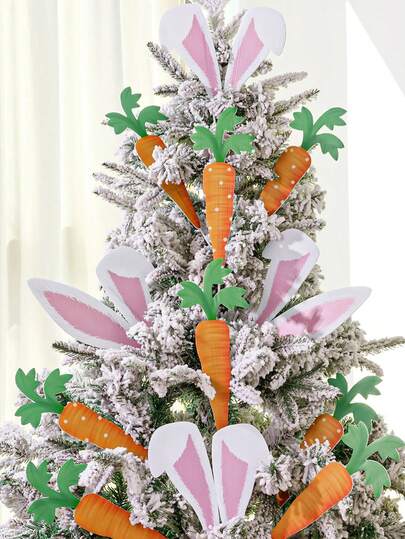 12件装复活节装饰树挂件：大型粉色兔子耳朵胡萝卜挂件，复活节树顶装饰：可爱的兔子耳朵挂件，适用于家居、学校、办公室春季派对花瓶装饰