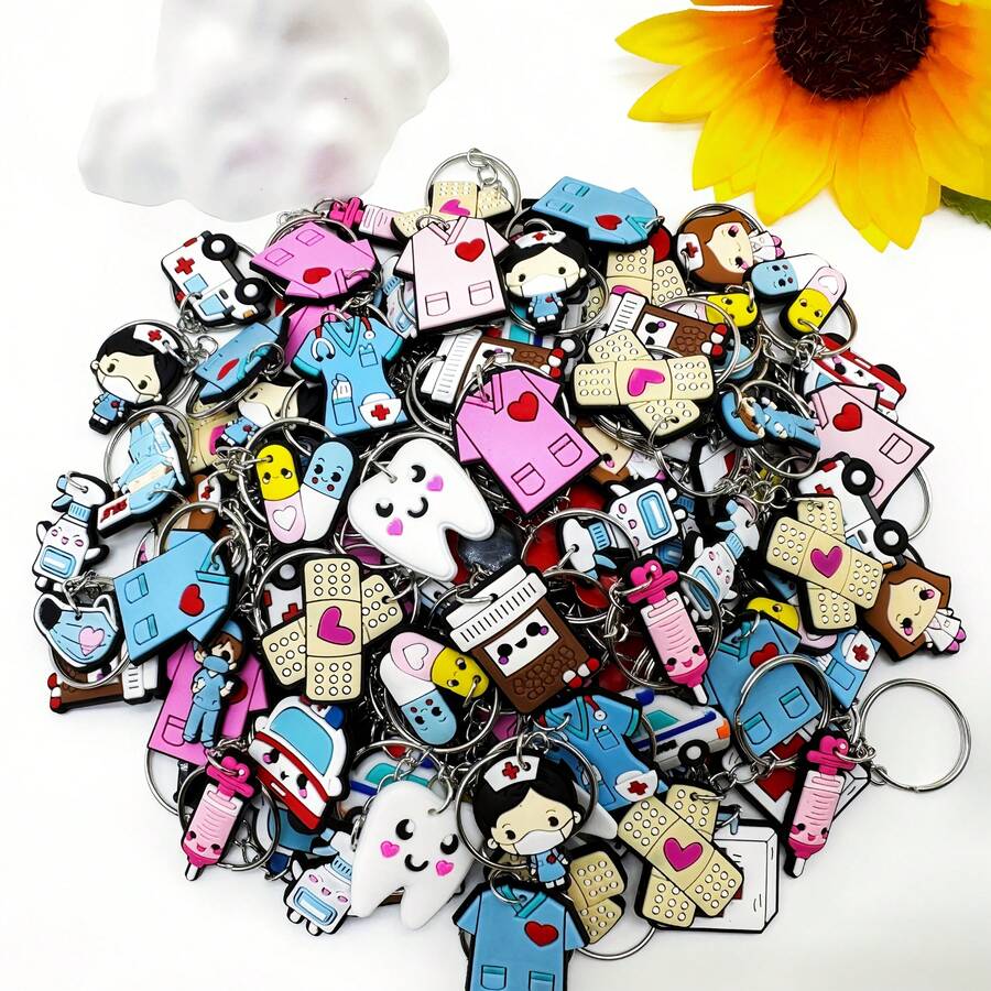 12个随机可爱医疗主题钥匙扣，护士、医生、卡通吊坠，医疗礼品/节日小礼物/安全教育日礼物，包包挂件，款式多样，DIY医疗可爱卡通不对称随机混合医疗系列钥匙扣，牙齿、牙膏、护士、医生、医疗盒、救护车、胶囊、绷带