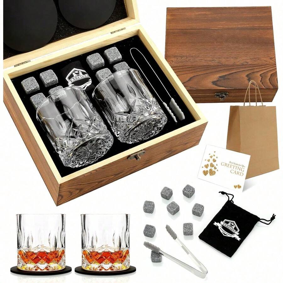 Whiskey Stones Gift Set - Whiskey Glass Set Of 2 - Granite Chilling Whiskey Rocks - Scotch Bourbon Box Set -Father's Day Birthday Gifts For Men Drinking Gift For Dad Him Husband Party Holiday Present LQ02W - 直筒玻璃杯+花崗岩+杯墊-無文字雕刻 - 查看 1