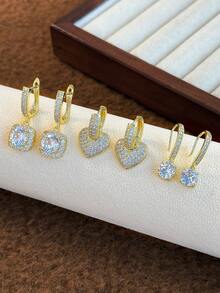 3对优雅奢华简约铜质微镶嵌立方氧化锆独特几何心形耳钉套装，时尚派对、日常佩戴，女士礼物，情人节礼物 - 金黃色 - 查看 7