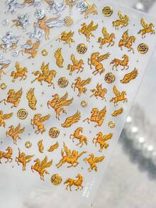 1pc Hot Stamping Flying Horse Treading Swallow European Vintage Gold Galloping Steed Angel Wing 5D Nail Art Stickers Mythical Elegant Nail Decals Self-Adhesive Manicure Accents For Women Nails - Multicolor - View 7