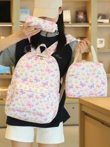 3pcs Butterfly Pattern Backpack Set, Large Capacity, Versatile, Fashionable, Suitable For Graduation, Back To School, Travel