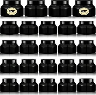 Tessco For You 24 Pack Plastic Containers With Lids Labels Empty Body Scrub Jars Round Refillable Cosmetic Body Butter Containers Bulk Sugar Scrub Bottle For Make Up(8 Oz,Black)