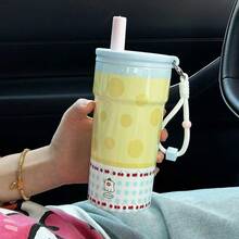 1pc New Large Capacity Stainless Steel Insulated Water Bottle, Oversized Highly Attractive Handled Tumbler With Straw - Multicolor - View 8
