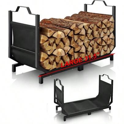 Estantería para leña de 32 pulgadas para interiores, soporte para leña con bolsa impermeable, estantería de metal resistente para chimenea, patio y terraza, organizador de almacenamiento de leña para exteriores resistente al agua y a la oxidación