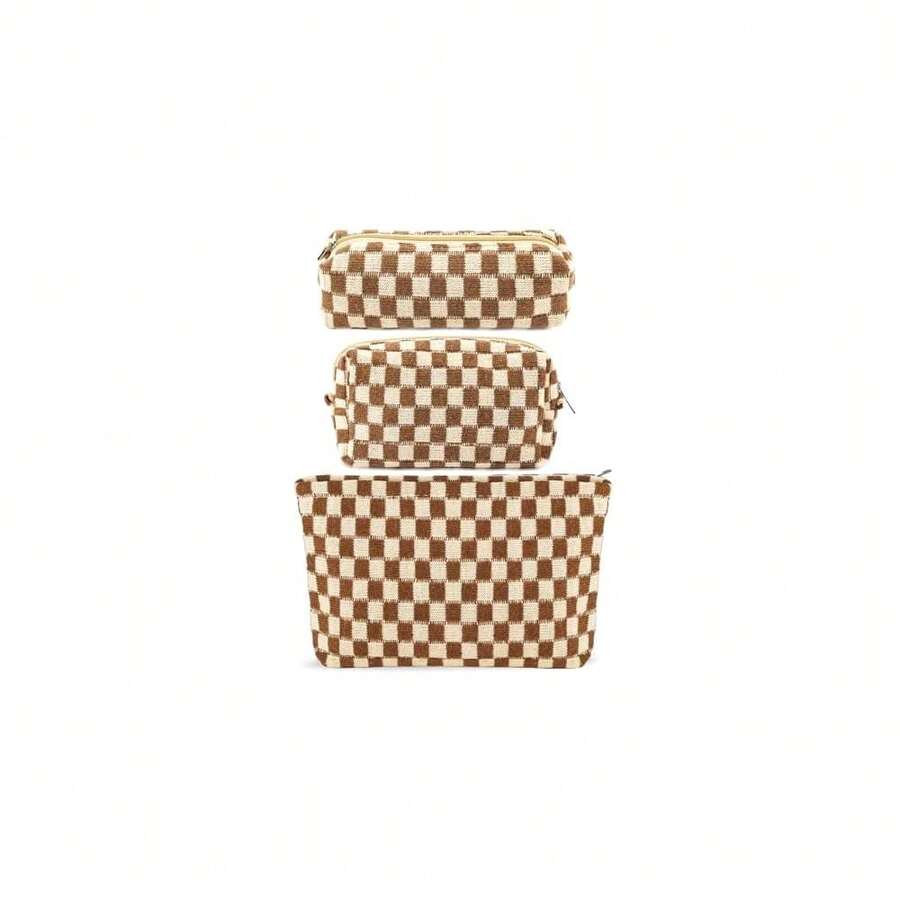 ZLFSRQ 3Pcs Checkered Makeup Bag For Women Large Small Checkered Cosmetic Bag Set Aesthetic Preppy Pencil Case Cute Pencil Pouch Brown Makeup Pouch For Purse Travel Toiletry Bags Zipper Skincare Bags - B-格子3件裝混合棕色 - 查看 1