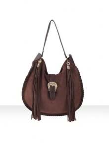 麂皮复古金属扣肩背包，配长流苏吊坠装饰，复古手提包，慵懒风格，大容量肩背包，编织女包，时尚新款式。 - 咖啡 - 查看 8
