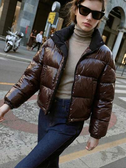 Zip Pocket Long Sleeve Stand Collar Glossy Solid Color Puffer Jacket For Women, Fashionable & Elegant, Suitable For Home, Daily Wear, Outings, Parties, Valentine's Day