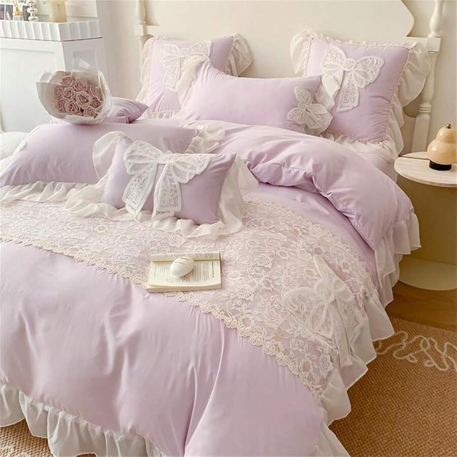 Lovely Bow Chic Duvet Cover Set - Ruffle Lace Polyester Comforter Cover - French Princess Style Bedding - 2 Piece Twin Duvet Cover With Zipper Close - No Comforter - White, Twin Size, Bedroom Decor - Màu tím - Xem 1