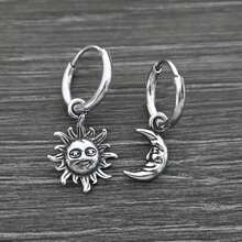 日月情侣项链耳环两件套，复古不锈钢不对称吊坠项链，复古日月垂坠耳环，适合女性，哥特风格首饰，时尚日月吊坠情侣项链 - 彩色 - 查看 9