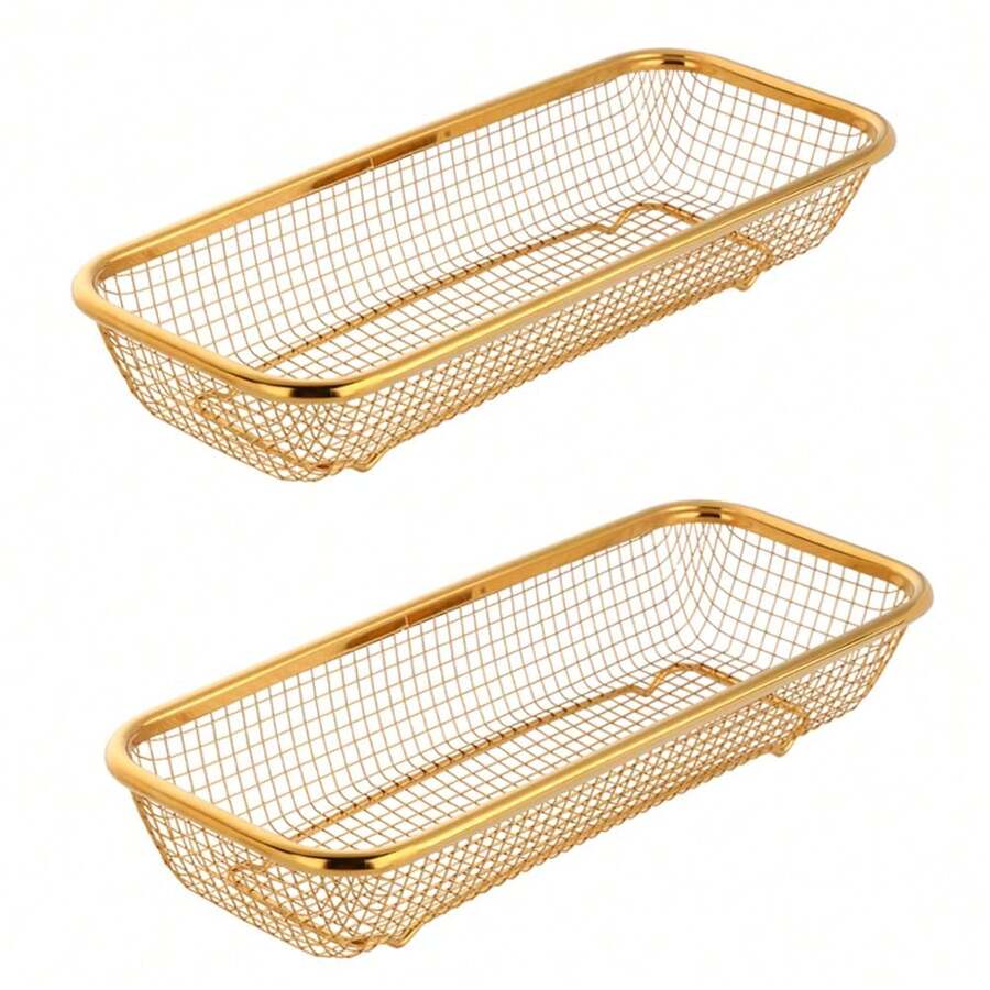 Kitchen Drawer Organizer, Stainless Steel Storage Container Rose Gold Metal Cabinet Storage Basket For Holding Silverware Kitchen Utensil, Pack Of 2-483 - Gold - View 1
