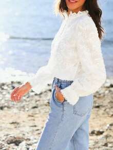 YI XUAN 大码女士优雅蕾丝长袖白色衬衫，适合约会、休闲或通勤穿着。时尚喇叭袖上衣，适合秋夏季节。 - 白色 - 查看 11