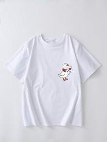 Áo thun ngắn tay nữ cỡ lớn màu trắng in hình ngỗng và trái tim hoạt hình, kiểu dáng dễ thương Nhật Bản, thích hợp mặc mùa hè. - trắng - Xem 2