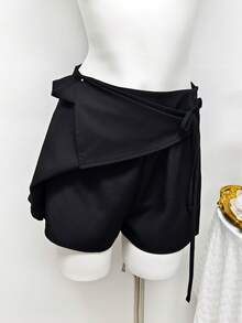Falda-pantalón casual de gasa con lazo delantero, versátil para primavera/verano, adecuada para vacaciones, bodas, vacaciones, brunch, aeropuerto - Negro - Ver 7