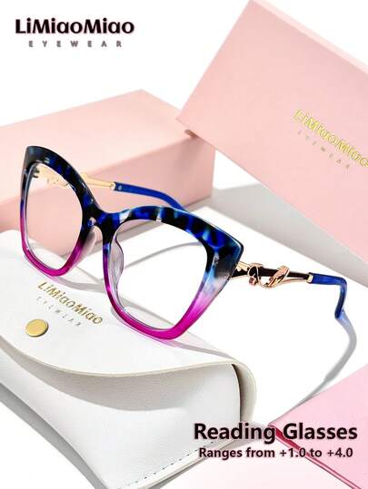 LiMiaoMiao Oversized Cat Eye Vintage Reading Glasses, Clear Transparent Computer Reading Glasses For Presbyopia +1.0 To +4.0, With Case And Cloth, Suitable As Holiday Gift For Men And Women