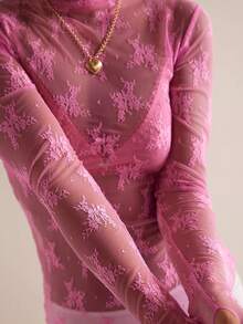 Women's Sheer Lace Mesh Top, Fashionable Slim Fit Long Sleeve Faux Collar Floral Blouse, Casual Outing T-Shirt - 玫瑰 - 查看 3