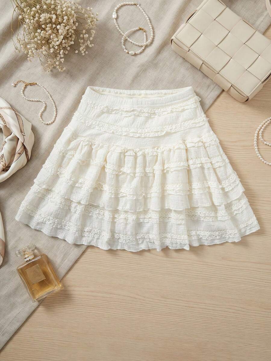 Tween Girl High Waist Layered Ruffle Hem Skirt, Sweet & Elegant, Suitable For Holidays, School Style, Back To School (YY922) - Apricot - View 1
