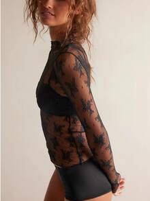 Wild Summer Black Mesh Sheer Lace Country Western Music Festival Women's Tops Western Women's Concert Women's Hippie Western Women's Rave - 黑色 - 查看 5