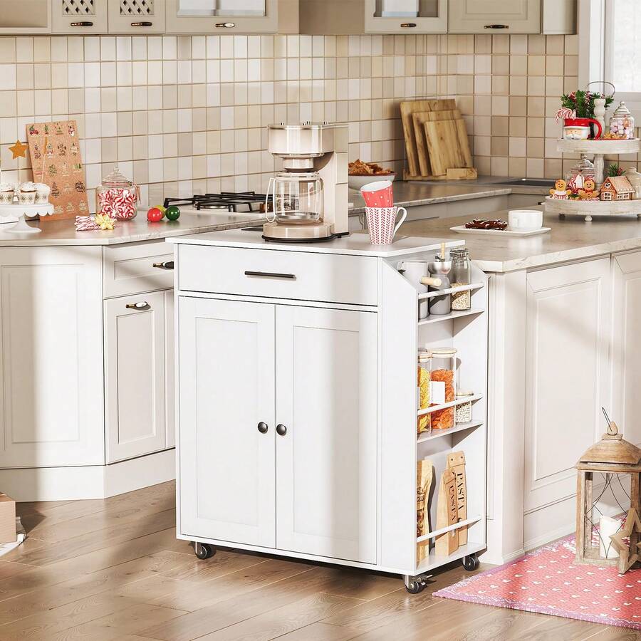 Kitchen Island With Power Outlet, Kitchen Storage Island With Spice Rack And Drawer, Rolling Kitchen Cart On Wheels, For Home, Kitchen And Dining Room, White - US B Type Plug(110-127V) - View 1