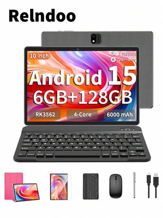 Relndoo 2025款安卓平板电脑，配备键盘，安卓15平板电脑，10.1英寸平板电脑，带鼠标、皮套、手写笔、保护膜、数据线，RK3562四核2.0GHz处理器，(6GB+20GB) RAM+128GB ROM，802.11n 2.4G/5G无线网络，2MP+8MP双摄像头，1280*800像素高清触摸屏，6000mAh电池，Type-C接口，支持1TB SD卡扩展，GPS，平板电脑（不含适配器）