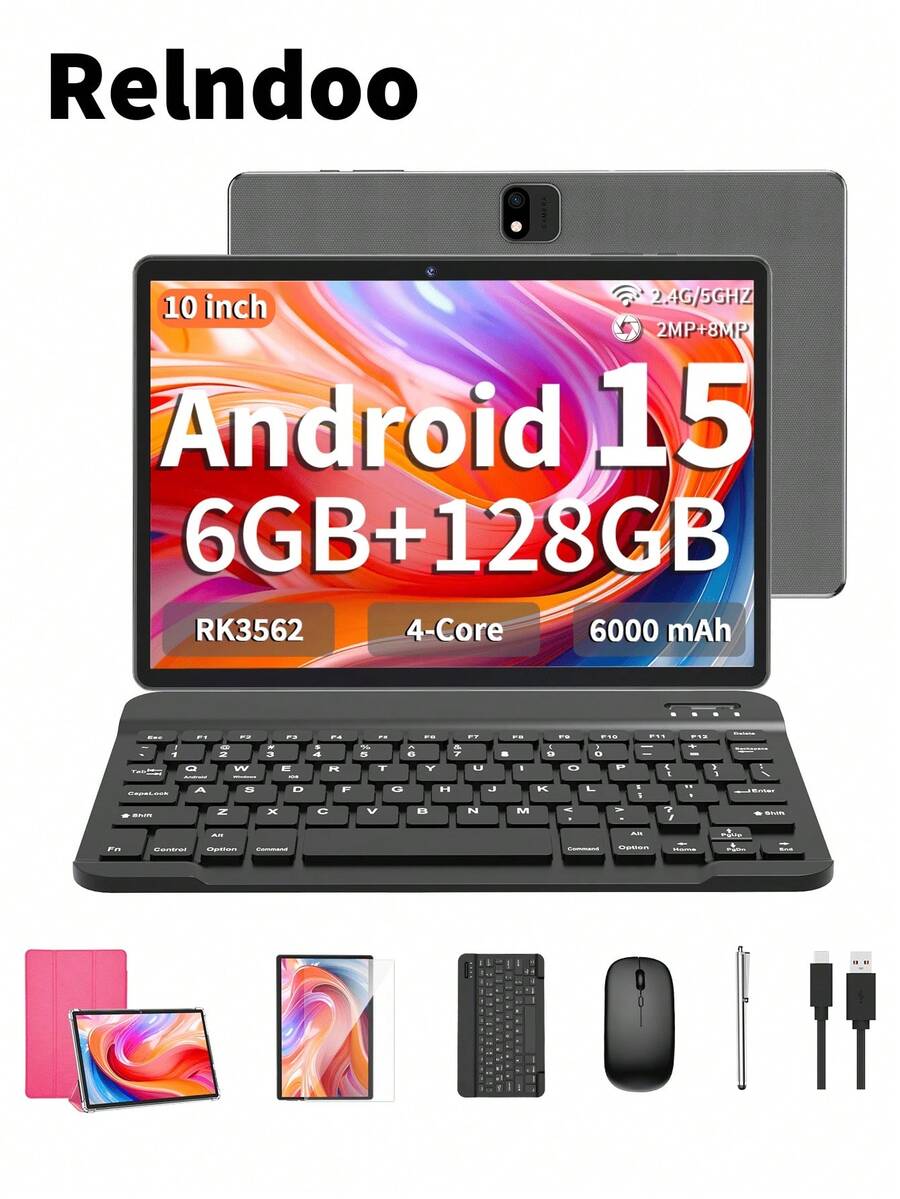 Relndoo 2025款安卓平板电脑，配备键盘，安卓15平板电脑，10.1英寸平板电脑，带鼠标、皮套、手写笔、保护膜、数据线，RK3562四核2.0GHz处理器，(6GB+20GB) RAM+128GB ROM，802.11n 2.4G/5G无线网络，2MP+8MP双摄像头，1280*800像素高清触摸屏，6000mAh电池，Type-C接口，支持1TB SD卡扩展，GPS，平板电脑（不含适配器） - 粉色 - 查看 1