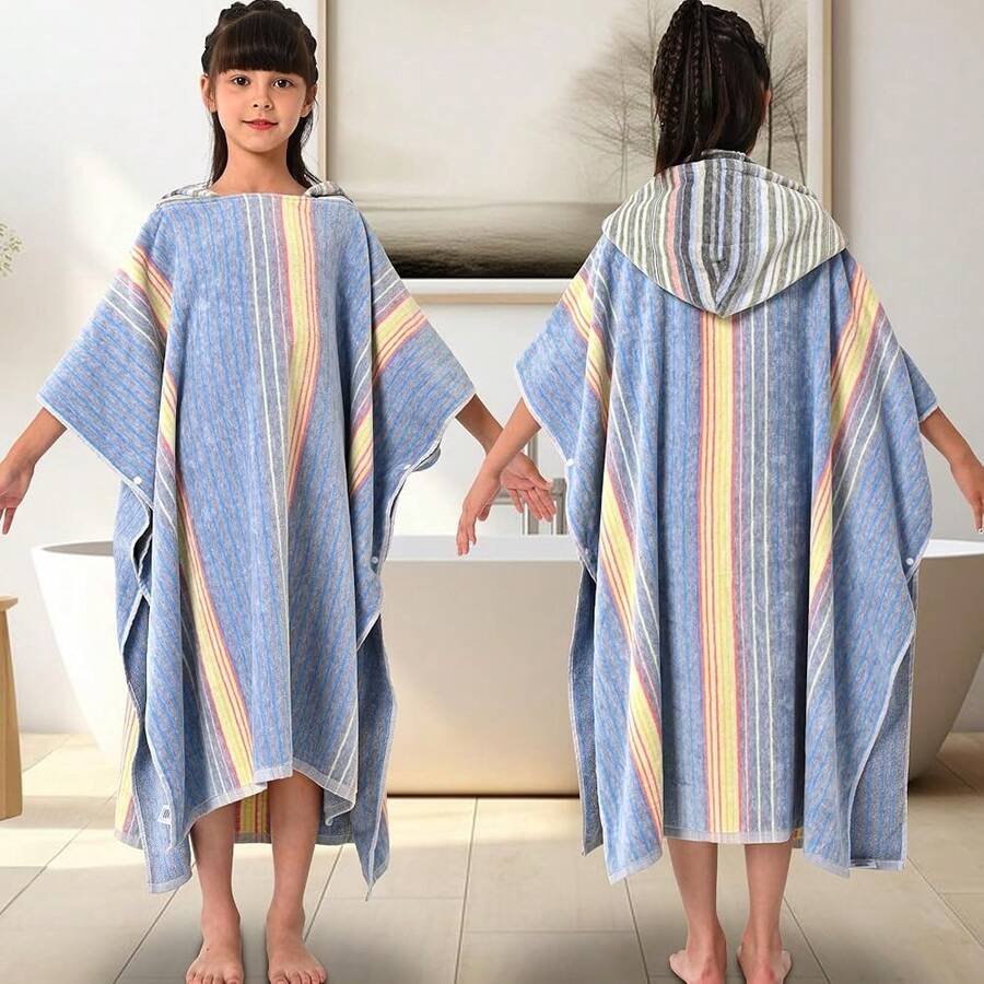 VOOVA & MOVAS Beach Towels With Hood (8-16Years), 1OO% Cotton Absorbent Thick Poncho Towel For Big , Perfect For Pool, Beach, Bath, Gray Stripe - Wns-12 - 查看 1