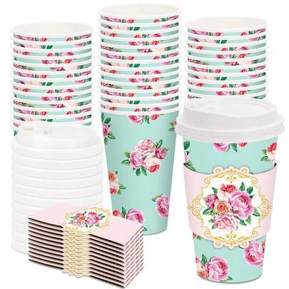 48 Set de vasos desechables de papel con flores vintage, tapas y mangas. Vasos de papel con flores coloridas para fiestas de té, cumpleaños, bodas y otros eventos