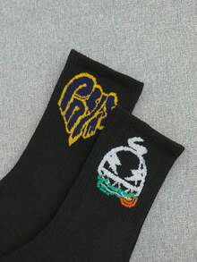 1/5/10 Pairs Random Graffiti Letter Fabric Cartoon Skateboard Street Style Basketball Socks, Crew Length High Waist Sports Socks, Unisex, All Season - Black - View 7