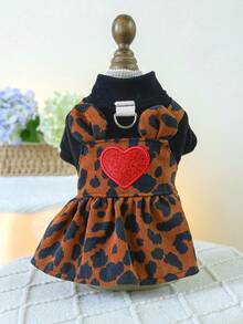 1pc Pet Clothes, Dog Cat Apparel, Happy Puppy Small Dog Casual Fashion Cute Warm Leopard Print Matching Dress - Multicolor - View 13