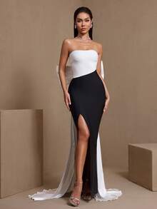 Black & White Patchwork Strapless High Slit Dress