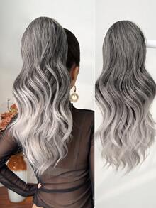 Hästsvansförlängning med dragsko och klämmor, svartbrun, guldtonad grå tonad brun flerfärgad, 18 tum långvågig syntetisk peruk av värmebeständiga fibrer, lämplig för kvinnors dagliga användning vid jul, halloween, musikfestivaler, fester etc. - Tvåtonad - Visa 18