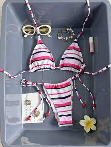 Bộ bikini 2 mảnh mới dành cho nữ, kiểu dáng hở lưng, in họa tiết hoa và sọc phối màu tương phản, điểm nhấn kim loại. - Hồng - Xem 3