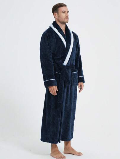 1 chiếc áo choàng tắm dài dày dặn, chất liệu flannel phối màu, có túi, kiểu dáng sang trọng dành cho nam, thích hợp cho đầu xuân, thu và đông.