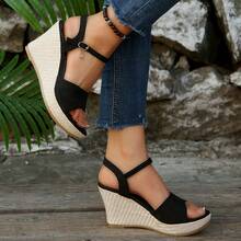 Women's Fashion Wedge Sandals, Black Rope Bottom Thick Sole Wedge Sandals, Spring/Summer New Arrival - Black - View 5