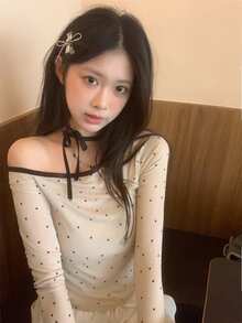 Heart-Stirring Polka Dot Lace-Up Long Sleeve Off-Shoulder Crop Top For Women - Apricot - View 4