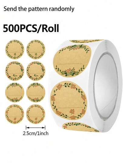 1 ม้วน/500 ชิ้น ป้ายกระดาษคราฟท์สีน้ำตาลธรรมชาติ ทรงกลม กาวถาวร เหมาะสำหรับฉลากภาชนะบรรจุอาหาร อุปกรณ์สมุดภาพ สติกเกอร์เครื่องเขียนสมุดภาพ
