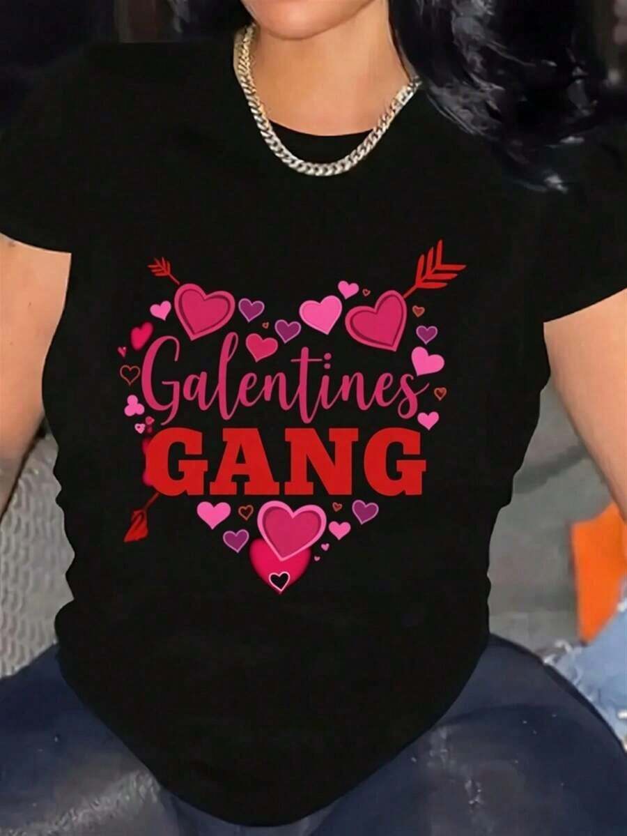 Women's Valentine's Day Black T-Shirt With Galentines Squad Lettering & Heart Arrow Print - Casual Short Sleeve Round Neck Top For BFF Outfits, Parties, Casual Attire2026 - 黑色 - 查看 1