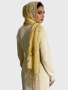 1pc Heavily Embroidered, Beaded & Fringed Scarf, Elegant Party Headscarf, Fashion Versatile Shawl