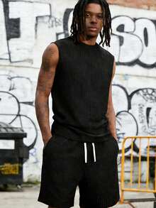 男士运动服套装（2件套）：背心和短裤，针织无袖T恤和及膝短裤 - 黑色 - 查看 5