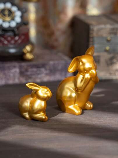 2pcs Gold Resin Rabbit Figurine Home Decor Ornaments