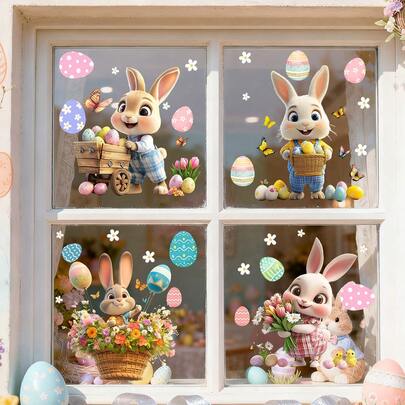 1/5pcs Easter Bunny Window Clings, Cute Rabbit And Easter Egg Electrostatic Stickers, Double Sided Reusable Decals For Holiday Party Shop Window Home Kitchen Sliding Door Decor, Glue Free Waterproof Seasonal Window Art