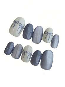 10pcs Pure Handamde Press On Nails Short Nails Oval Nails Blue Nails Minimalist Sweet Style Blue And White Cat-Eye Hand-Painted Bowknot Silver Bead Embellished Cute Gentle Daily Press-On Nails For Women And Girl,Spring Summer Fall Winter Festivals Party And Dailys Life Use
