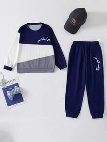 2pcs/Set Boys' Patchwork Color Letter Print Long Sleeve Sweatshirt And Drawstring Pants, Simple Casual Fashion Children Clothing For Spring, Autumn & Winter
