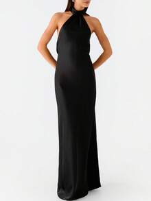 Women Scarf Maxi Dress Silk Halter Neck Tie Up Backless Bodycon Dress Cowl Back Draped Party Wedding Guest Cocktail Dresses With Neck Scarf - 黑色 - 查看 2