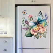 1张水彩蝴蝶、绿叶、玫瑰、薰衣草窗贴，DIY可移除PVC自粘贴纸，适用于春季卧室、客厅、阳台和店面装饰 - 彩色 - 查看 6